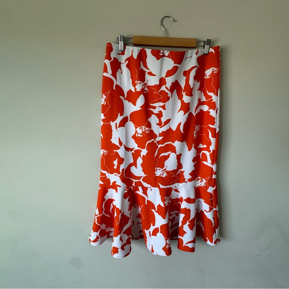 White and Orange Ruffled Trumpet Midi Skirt